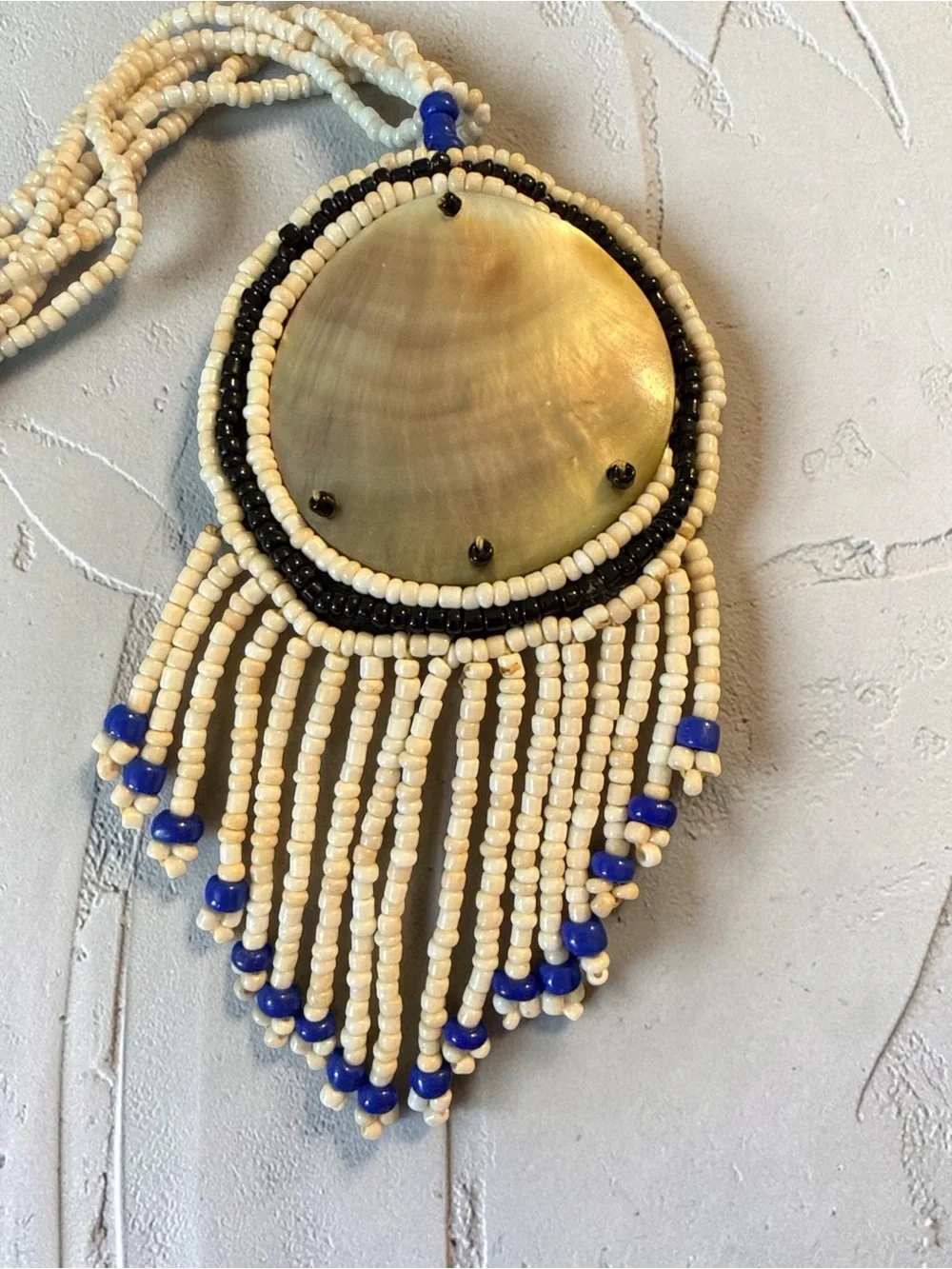 Vintage Beaded Statement Necklace Shell Pendant Fringe Boho Tribal Style